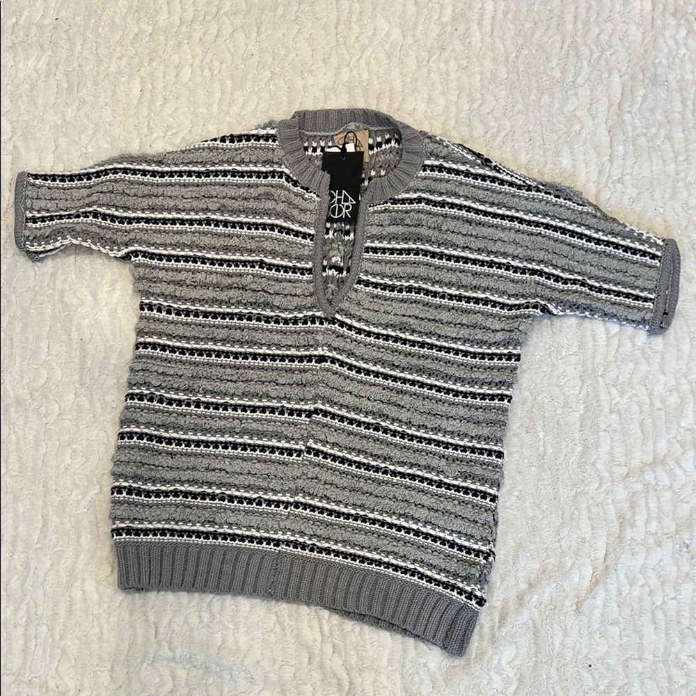 Chaser Gray Striped Bohemian fringe Sweater grey white black medium new